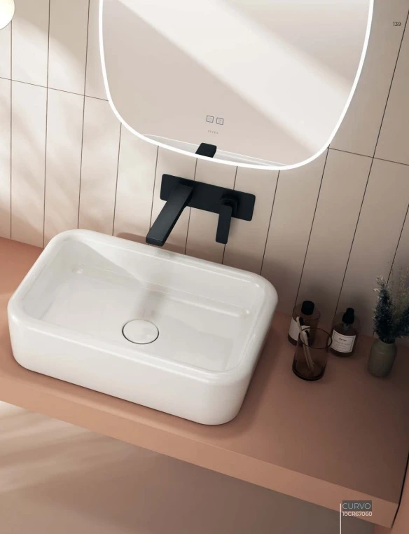 Curvo Tezgah Üstü Lavabo Beyaz 60 cm - Köşeli Model