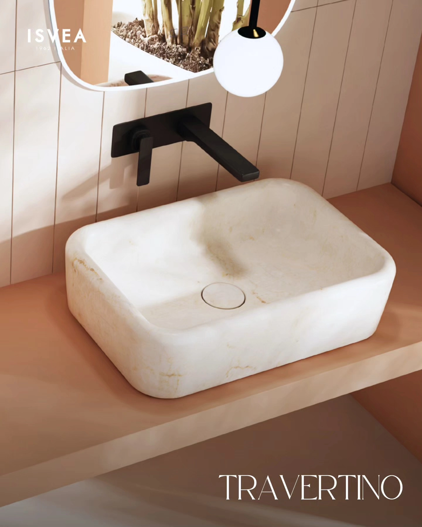 CURVO Tezgah Üstü Lavabo 60 cm Travertino (Köşe)