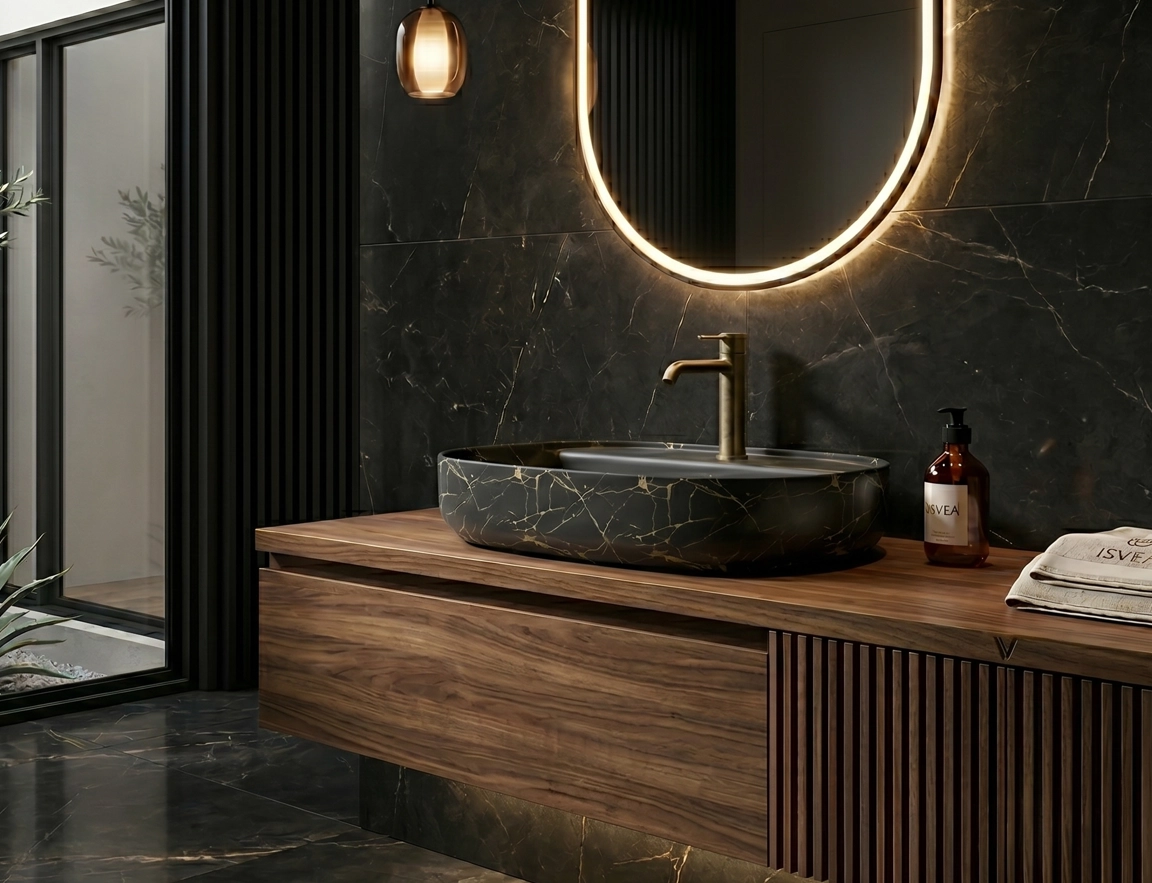 INFINITY Tezgah Üstü Lavabo 60 cm Marmo Siyah - Bas-Ac Dahil Set - Görsel 3