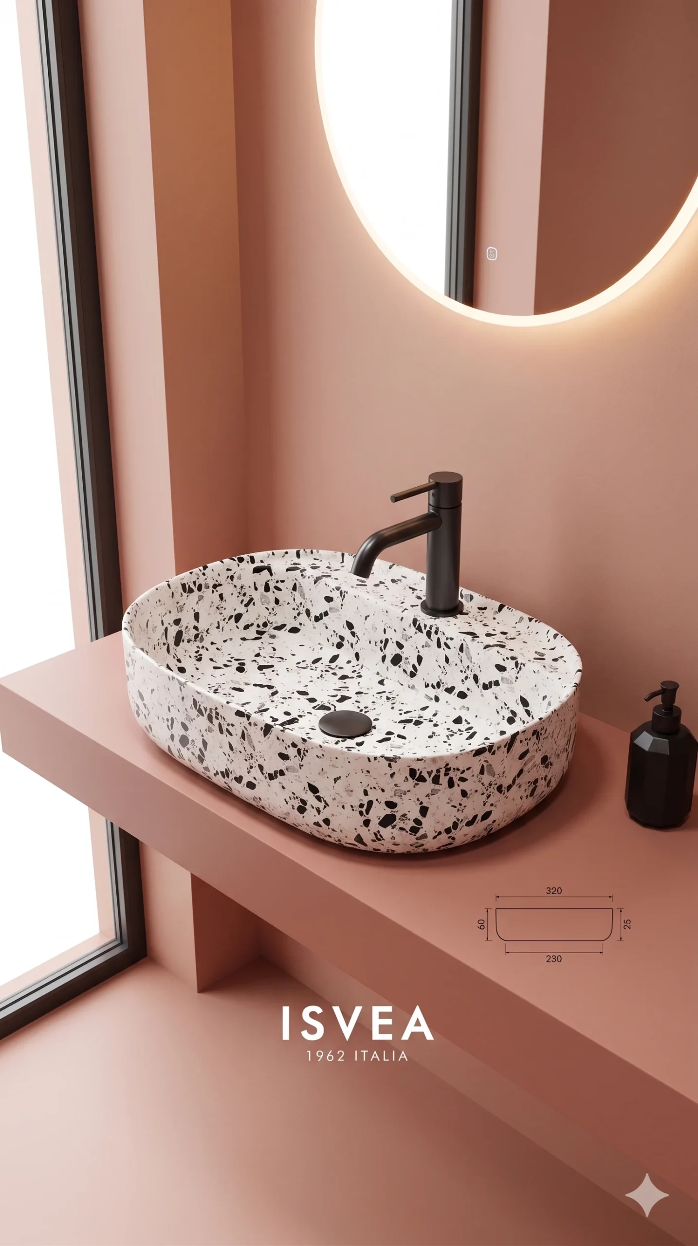 INFINITY Tezgah Üstü Lavabo 60 cm Terrazzo Mat Beyaz - Bas-Ac Dahil Set