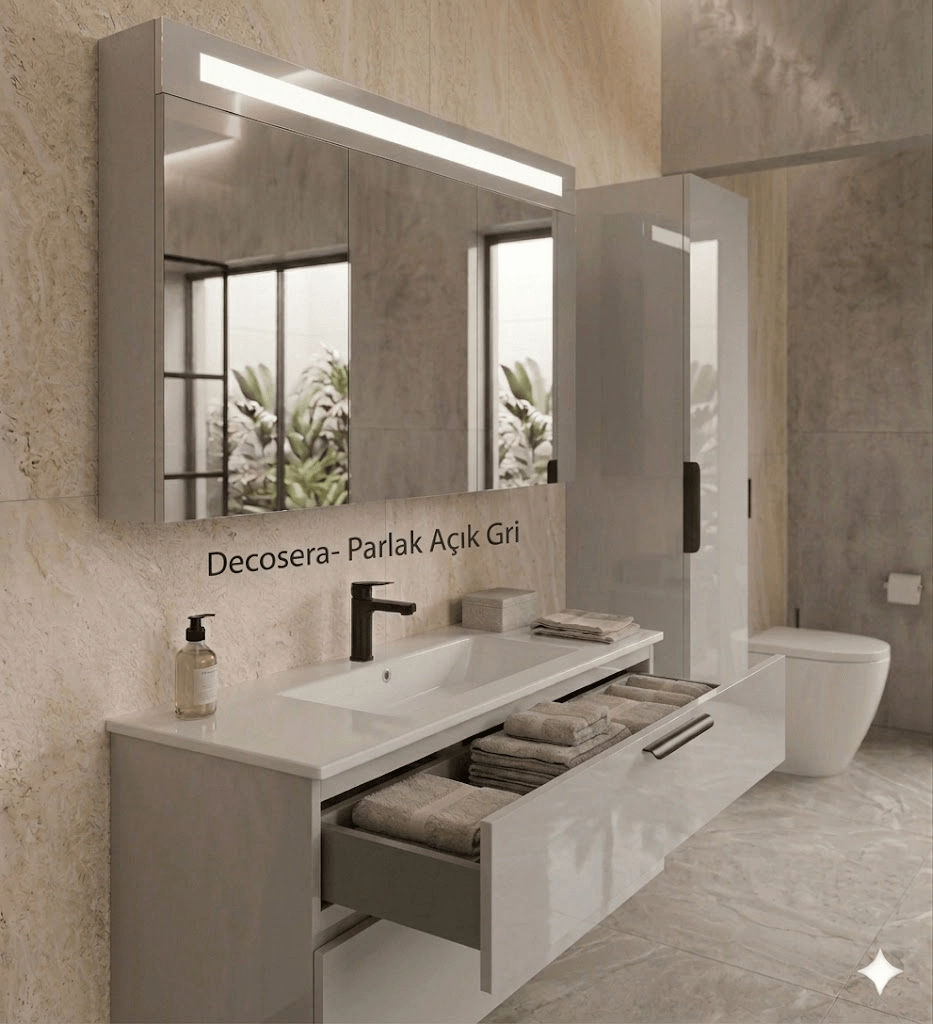 İsvea Liv 100 cm Çift Çekmeceli Lavabo Dolabı + Dolaplı Ayna Seti - Görsel 5