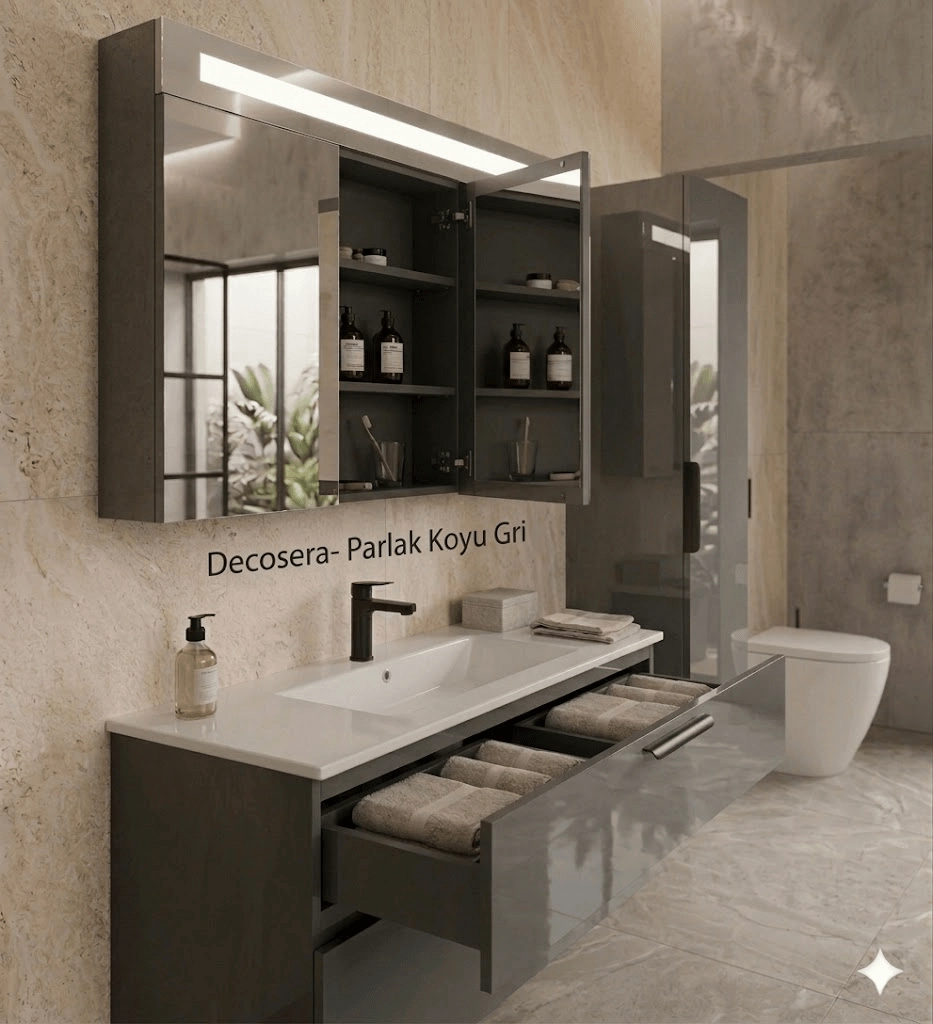 İsvea Liv 100 cm Çift Çekmeceli Lavabo Dolabı + Dolaplı Ayna Seti - Görsel 4