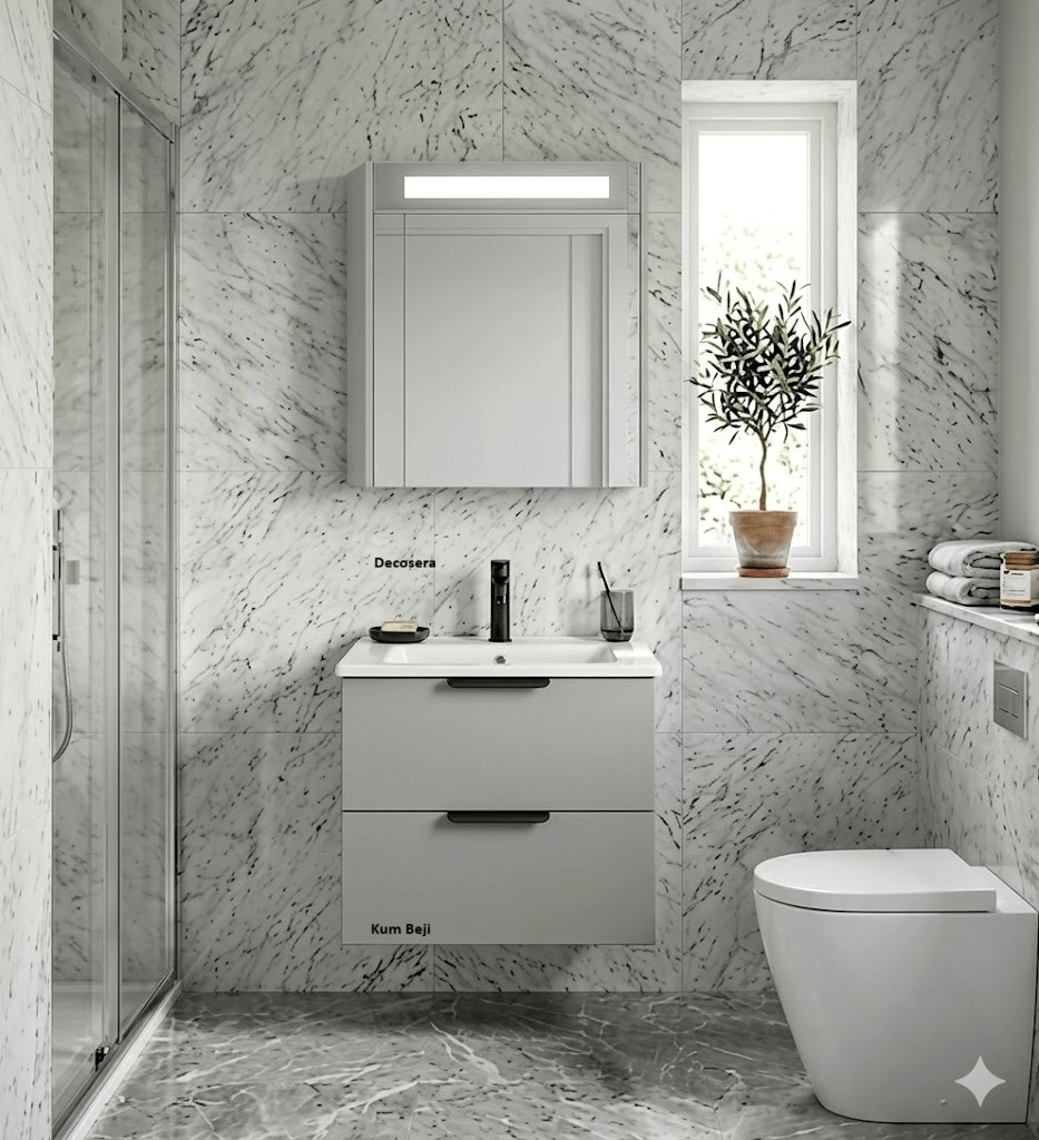 İsvea Liv 60 cm Çift Çekmeceli Lavabo Dolabı + Dolaplı Ayna Seti