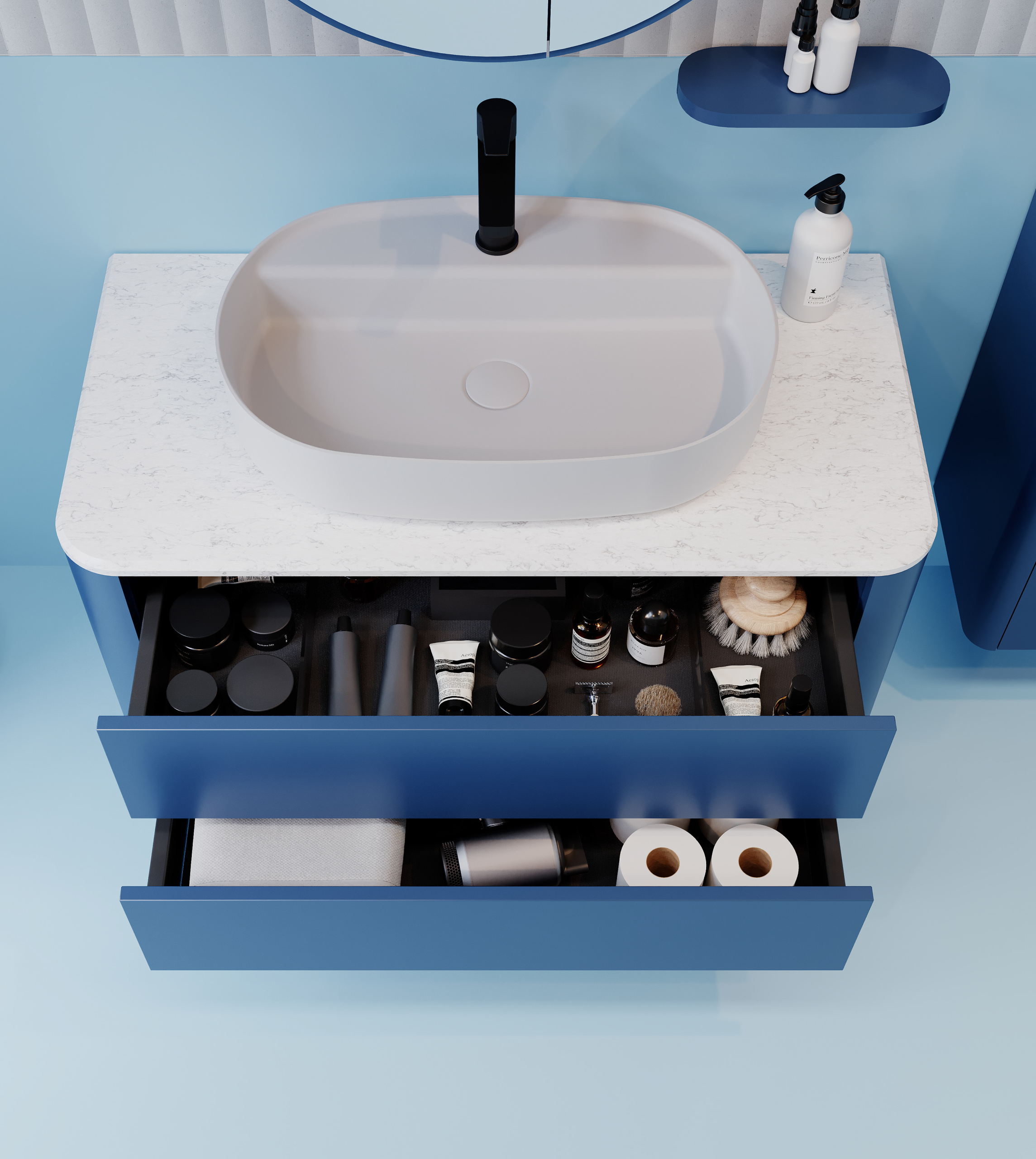 SOGNO Lavabo Dolabı ve Ayna Seti, 100 CM - Gece Mavisi - Görsel 3