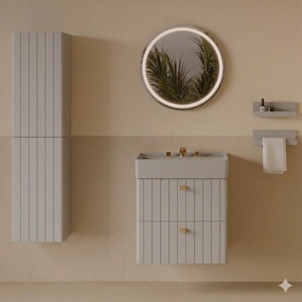 VEA Lavabo Dolabı 60 cm , Taş Gri ve 60 cm LED’li Ayna SET