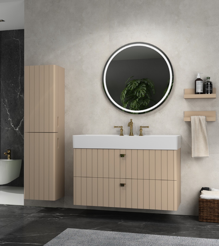 VEA Lavabo Dolabı 100 cm, Koyu Bej ve 100 cm LED’li Ayna SET